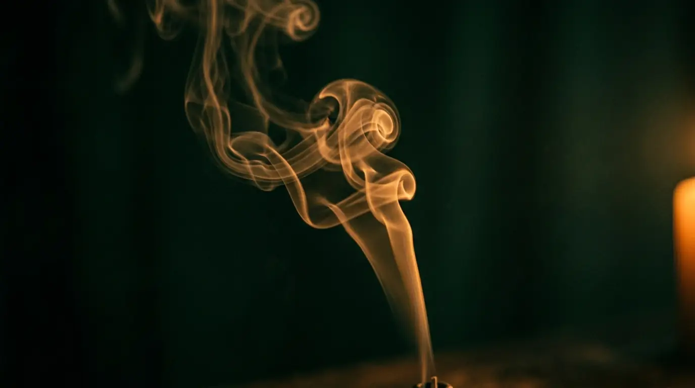 Un filo di fumo d'incenso che sale in volute su uno sfondo verde scuro, con una candela sfocata a destra